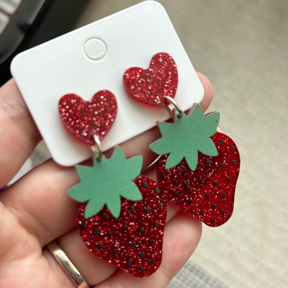 NWT strawberry glitter dangle earrings